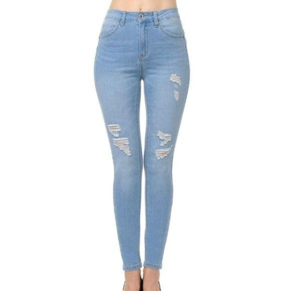 Wax Light Blue Push-Up High Rise Distressed Stretchy Jeans